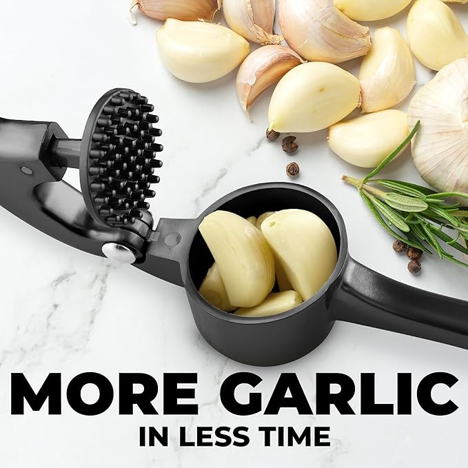 Zulay Kitchen Large Premium Garlic Press Set - Bigger Bowl for Bigger Garlic - Rust Proof Garlic Mincer Tool - Easy-Squeeze, Easy-Clean Silicone Garlic Peeler & Brush (Dark Gray)