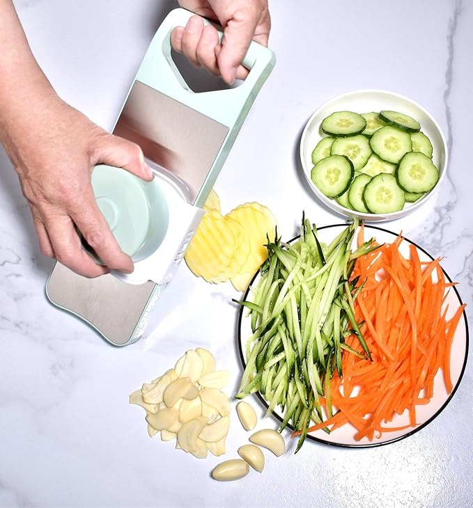 NACOLUS 6-Blade Mandoline Slicer with Slide-On Hand Guard - Vegetable Slicer, Carrot Shredder,Safe Potato/Garlic Slicer Vegetable Cutter, Waffle Fry Cutter (Green, 6-in-1)