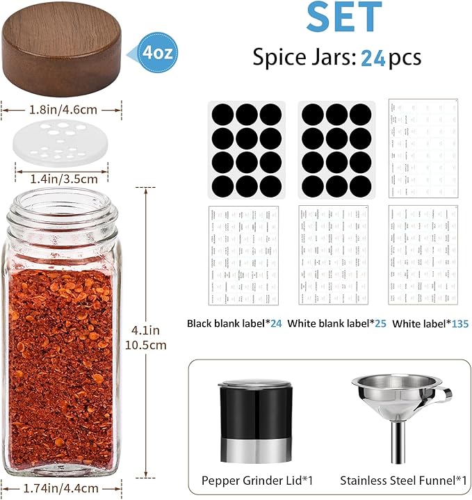 Yangbaga Glass Spice Jars with Labels: 24pc 4oz Square Seasoning Containers and 2pc Rack with Airtight Wood lid,Pepper Grinder,Funnel; Empty Spice Organizer Bottles for Kitchen Drawer Cabinet