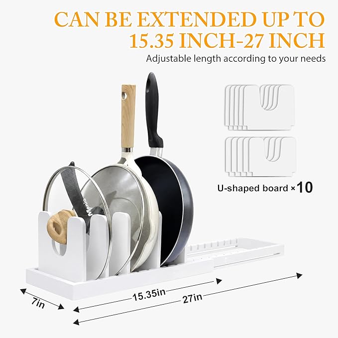 MinBoo Bamboo Expandable Pot Lid Organizer, Pot and Pan Organizer Drawer Organizer for Pot Lids, Adjustable 10 U-Shaped Dividers for Kitchen Cabinet Organizers and Storage,White