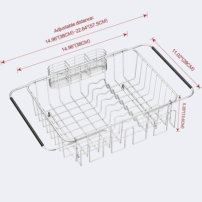 Fanbsy Dish Drying Rack in Sink, Extendable Stainless Steel Dish Drainers for Kitchen Counter, Anti-Rust Dish Dryer Rack with Utensil & Cup Holders, for Inside Sink, Over The Sink