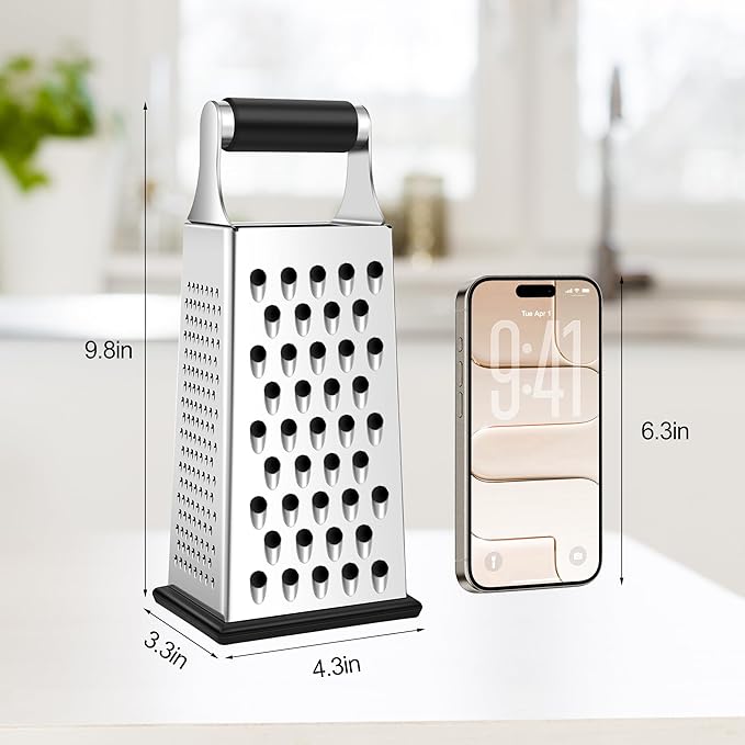 Supercenter Cheese Grater, Size 4-Sided Stainless Steel Box Grater, Food Shredder for Cheese, Parmesan, Vegetable, Dishwasher Safe, Black
