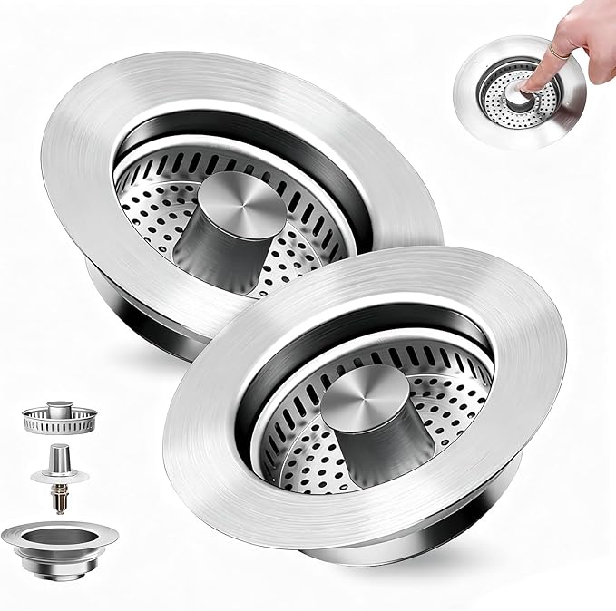 Kitchen Sink Drain Strainer 3-in-1,Pop-Up Stopper & Anti-Clogging Basket - 304 Stainless Steel Sink Strainer Anti-Clogging Sink Drain Strainer for US Standard Kitchen Drain