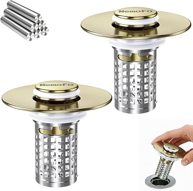 Bathroom Sink Stopper, Stainless Steel Pop-up Sink Stopper Hair Catcher with Removable Basket (2PACK)