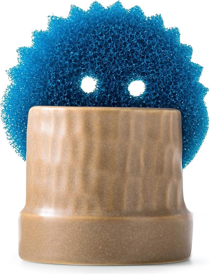 Zoeeker Sponge Holder for Kitchen Sink, Ceramic Sink Caddy Scrub Sponge Tray Dish Rack for Scrubbers, Kitchen Organizer, Brown