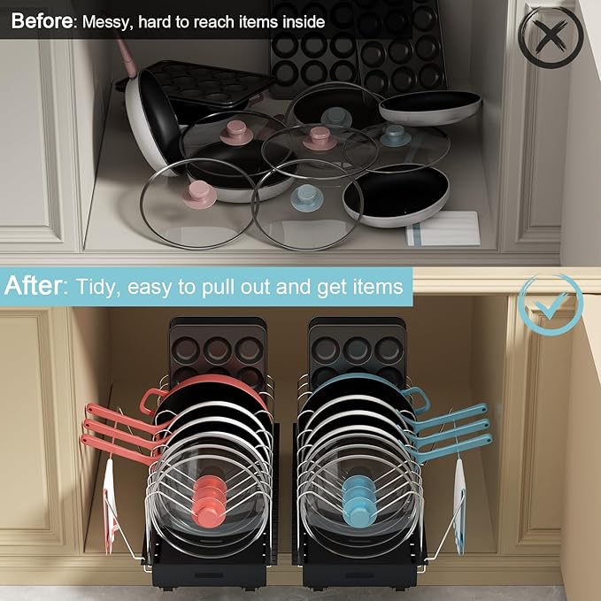 Golener Pots and Pans Organizer Under Cabinet - 22" Deep Expandable Pot Organizers inside Cabinet with 10 Adjustable Dividers &Handrail, No Drill Pot Lid Holder, Sliding Pot Lid Holder, 2 Packs