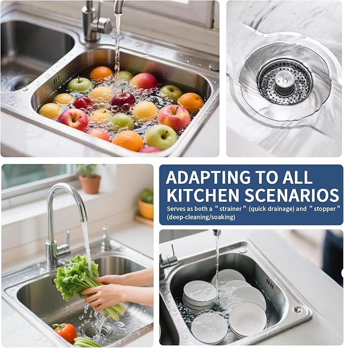 3-in-1 Kitchen Sink Drain Strainer and All-Purpose Sponges, Sink Stopper Pop-Up Drain Plug with Anti-Clogging Food Catcher Basket, Odor Blocker, Fits US Standard 3-1/2 Inch Sinks,Dish Sponges Safe