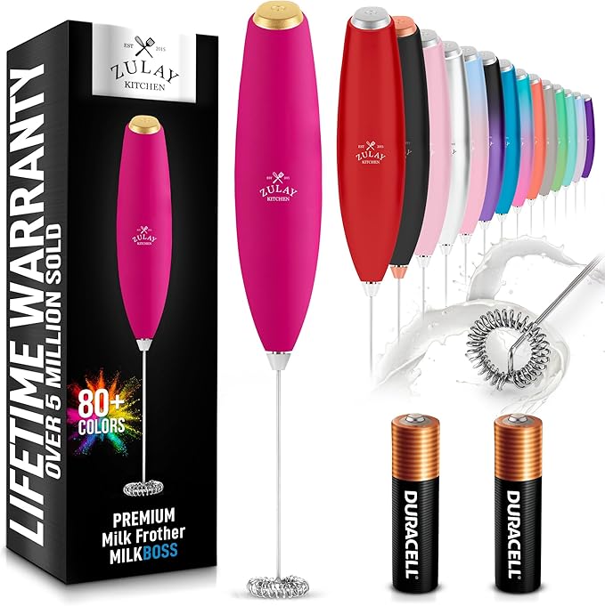 Zulay Kitchen Milk Frother Handheld Electric Whisk with AA Duracell Batteries – Durable Drink Mixer for Coffee, Lattes, Cappuccinos & More - Hot Pink