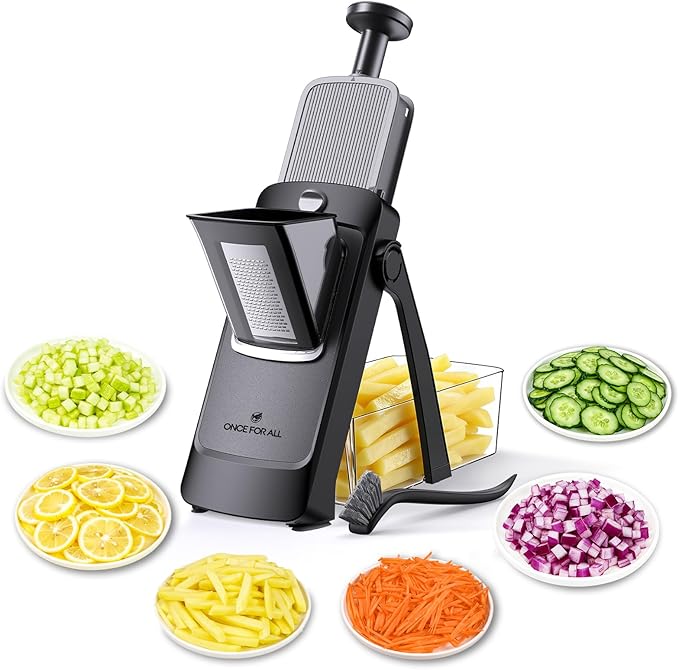 ONCE FOR ALL Safe Mandoline Slicer Pro, 4th Gen, Adjustable Thickness Vegetable Slicer For Kitchen, Food Chopper With Container, Veggie Chopper Cutter For Potato Onion Fruit, Black