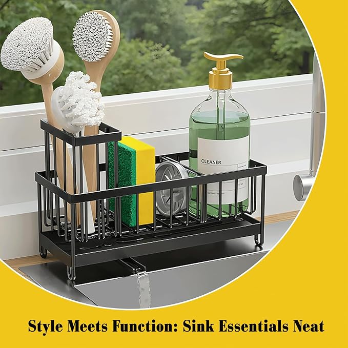 Sponge Holder for Kitchen Sink,5 in 1 Rustproof Stainless Steel Sink Caddy with Washing Cloth & Adhesive Hooks, Kitchen Sink Organizer with High Brush Holder and Soap Holder for Kitchen Sink