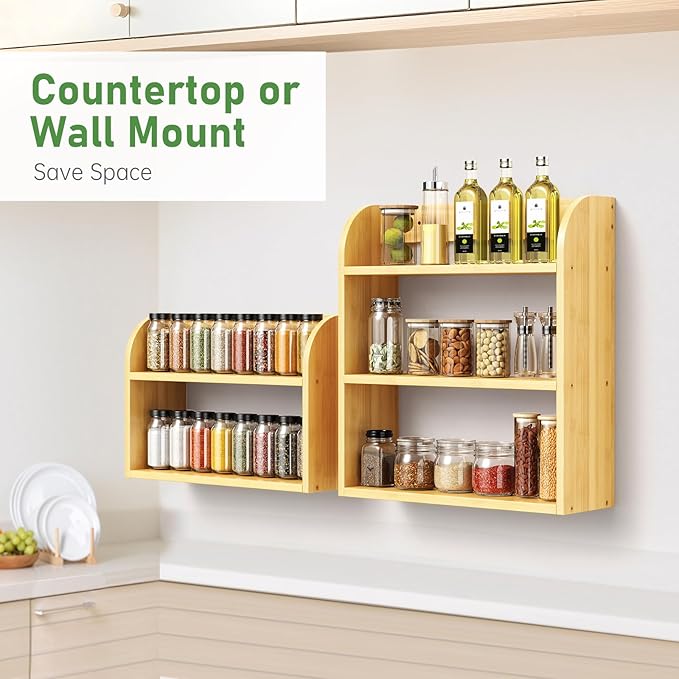 ROMGUAR CRAFT 2 Tier Bamboo Spice Rack, Countertop or Wall Mounting Wood Spice Jars Organizer Shelf for Kitche, Pantry (Natural)