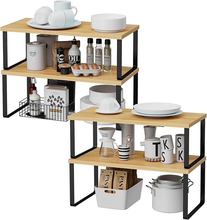 OGEMXU Cabinet Shelf Organizers, 15.7 inches Large Kitchen Counter Shelf, Set of 4 Wood Kitchen Pantry Organizer, Storage Shelves for Countertop, Spice Rack, Stackable, Expandable, Metal Black, Nature