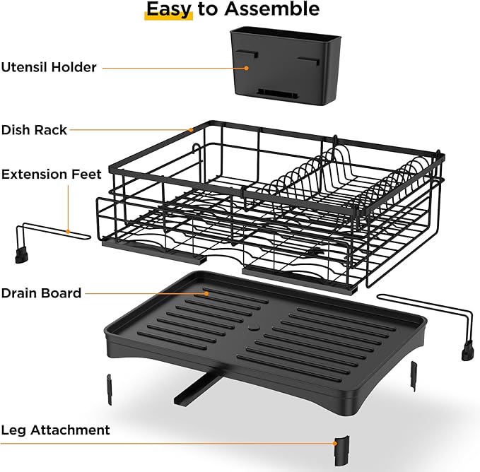 NETEL Dish Rack, Extendable Dish Drying Rack, Dish Drainer for Kitchen Counter, Dish Strainer with Utensil Holder, Over The Sink Dish Drying Rack with Automatic Drainage System
