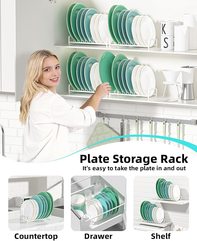 Plate Organizer for Cabinet (2-Pack),Kitchen Dish Rack Organizer for Cabinet Countertop Drawer Space Saver，8 Slots Vertical Plate Holder Storage Rack, Housewarming Kitchen Gifts for Women (White)