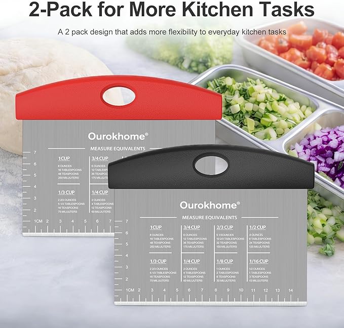 Ourokhome 2 Pack Bench Scraper Dough Cutter, Stainless Steel Dough Scraper with Laser-Etched Scale, Conversion Chart, Non-Slip Handle, Dishwasher Safe for Bread & Pastry, Black and Red
