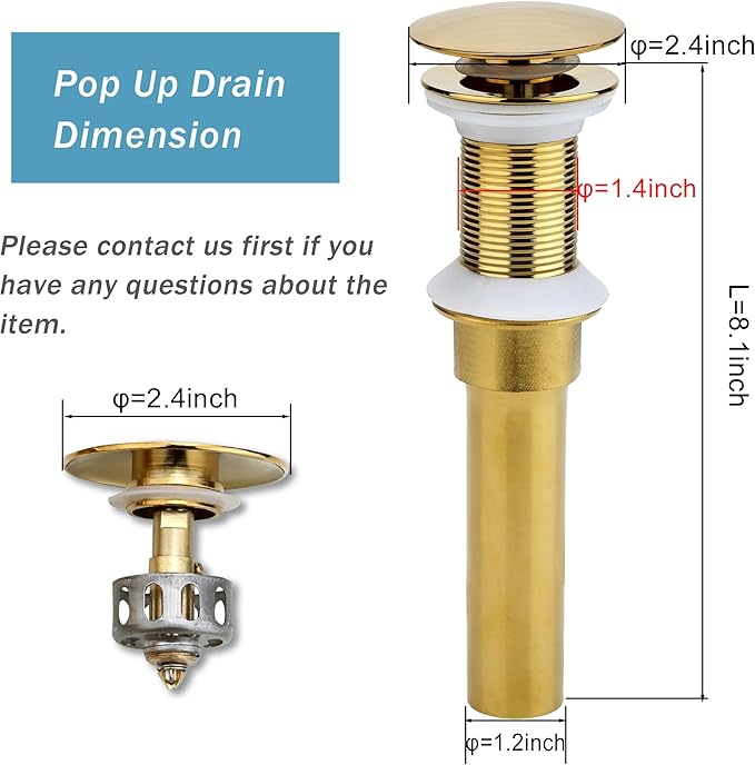Rockgoya Bathroom Sink Drain, 2 Pack Gold Drain Stopper Bathroom Sink Without Overflow, Pop Up Drain Assembly with Detachable Strainer Basket, Built-in Anti-Clogging Strainer,Stainless Steel