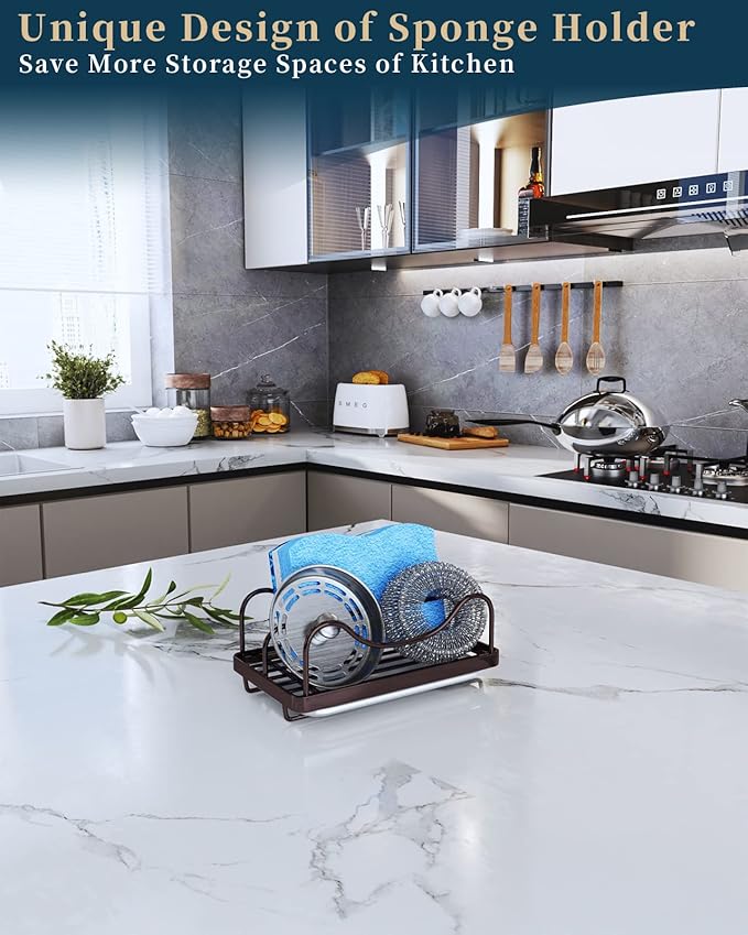 Consumest Kitchen Sink Organizer - Movable Sink Caddy for Countertop Organizer, 304 Stainless Steel Sponge Holder with Detachable Drip Tray for Kitchen Accessories,Bronze