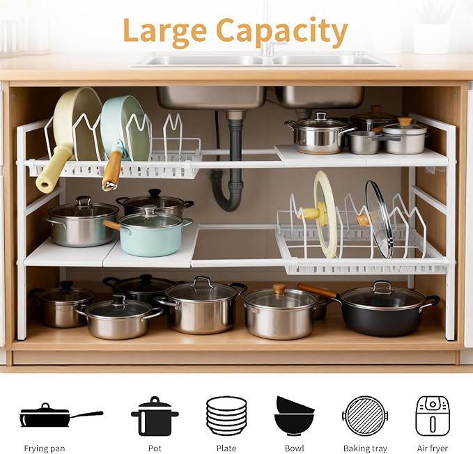 Pots and Pans Organizer Under Cabinet, Expandable Pots Organizers Inside Cabinet, Adjustable Height Under Sink Shelf 2 Tier with 10 Dividers Under Cabinet Shelf, Pot and Pan Lid Holder Rack (White)