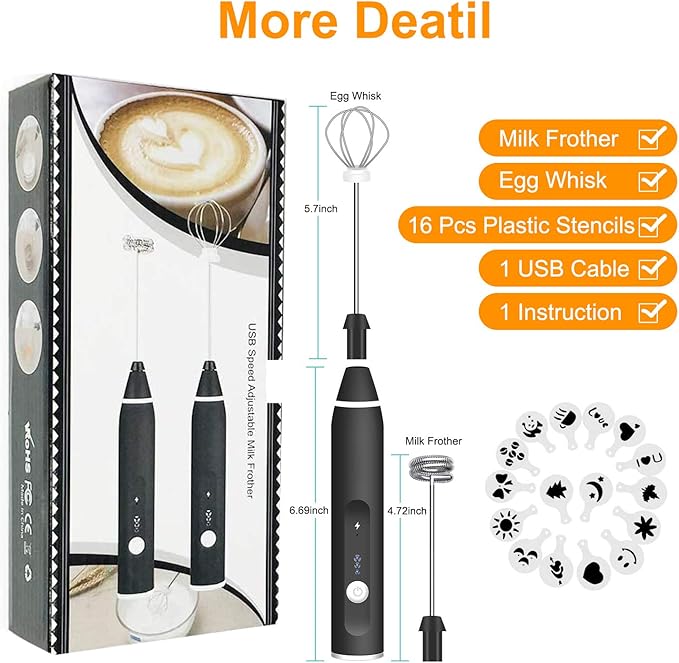 Milk Frother Handheld, Gbivbe Rechargeable Whisk Drink Mixer for Coffee with Art Stencils, Coffee Mixer for Cappuccino, Hot Chocolate Match, Frappe, Hot Chocolate, Egg Whisk