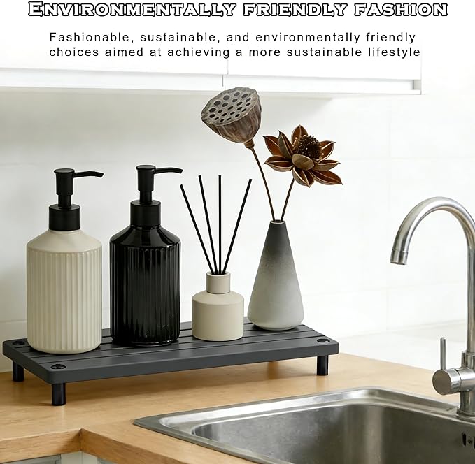 Durable Kitchen Sink Organizer, Instant Dry Sink Caddy for Bathroom Counter, Diatomite Stone Drying Tray, Upgrade Water Absorbing Stone Tray for Sink, Anti-Slip Stone Soap Tray -Dark Gray