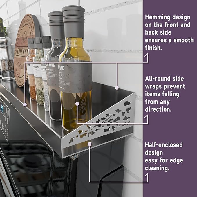 STUTOV Stove Shelf for Stove Top, Spice Rack Organizer, Easy Installation, Kitchen Storage Solution, with Standard 30" Length, Brushed Stainless Steel, Non Magnate (Stainless Steel)