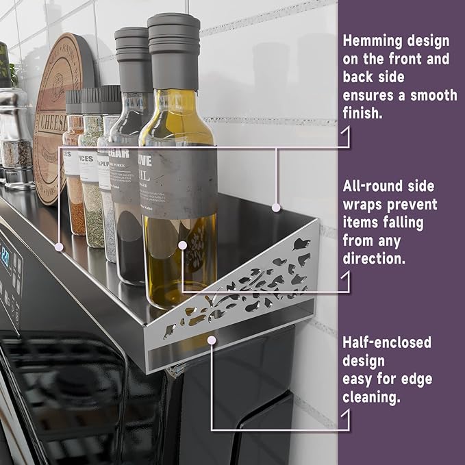 STUTOV 30" Magnetic Stove Top Shelf – Stainless Steel Spice Rack and Seasoning Organizer – Kitchen Shelf for Back of Stove – Over Stove Rack and Storage Organizer
