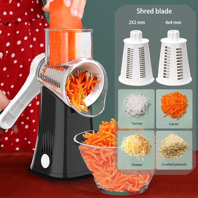 Rotary Cheese Grater Shredder 5-in-1 Tumbling Box Mandoline Vegetable Julienne Slicer Waffle Cutter Nut Chopper, Black