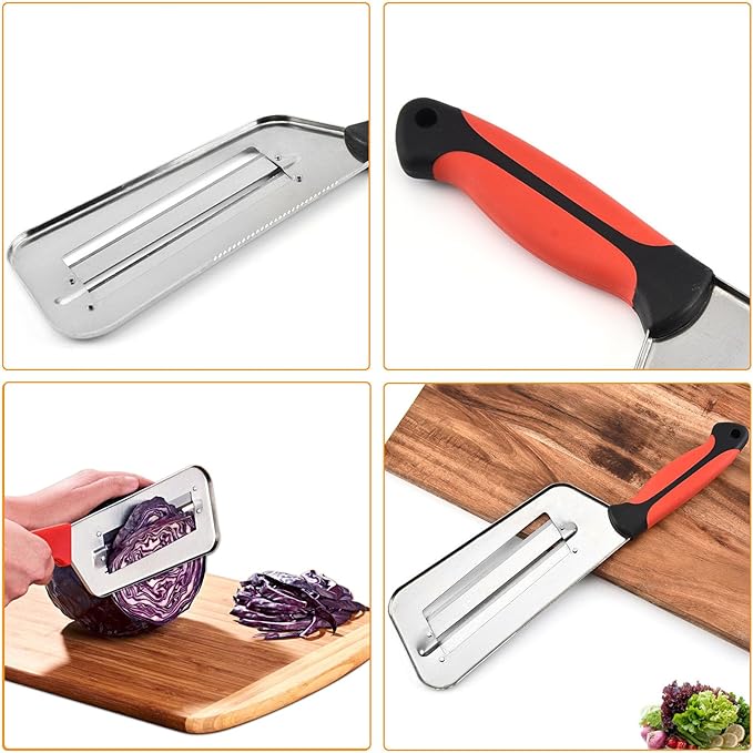Stainless Steel Vegetable Cutter, Cabbage Shredder, Upgraded Double-Layer Slicer for Sauerkraut, Kitchen Knife with Sharp Blades for Slicing, Grating & Shredding (1 Pcs-Black-Red)