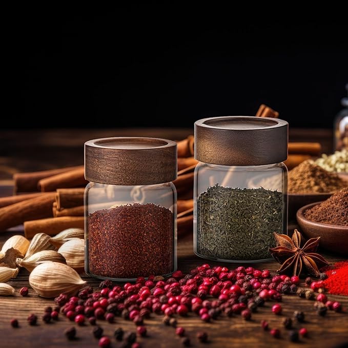 6 pc Glass Spice jars Glass Jars with Screw Lid 5 oz Acacia Wood Glass Herb Sugar Coffee Bean Ground Container Food Storage Canister for Candy Pantry Tea Seasoning Meal Prep Snack (6*150ml(5oz))