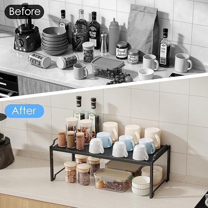2 Pack 11” Width Expandable Kitchen Cabinet Organizer Shelves, Metal Kitchen Countertop Organizers and Storage Shelving, Heavy Duty Stackable Storage Rack Shelf For Pantry Cupboard Counter Tabletop
