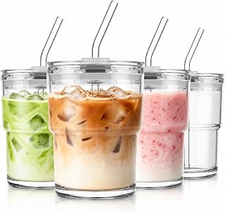 13 oz Matcha Glass Cups with Lids and Straws, Iced Coffee Tumbler