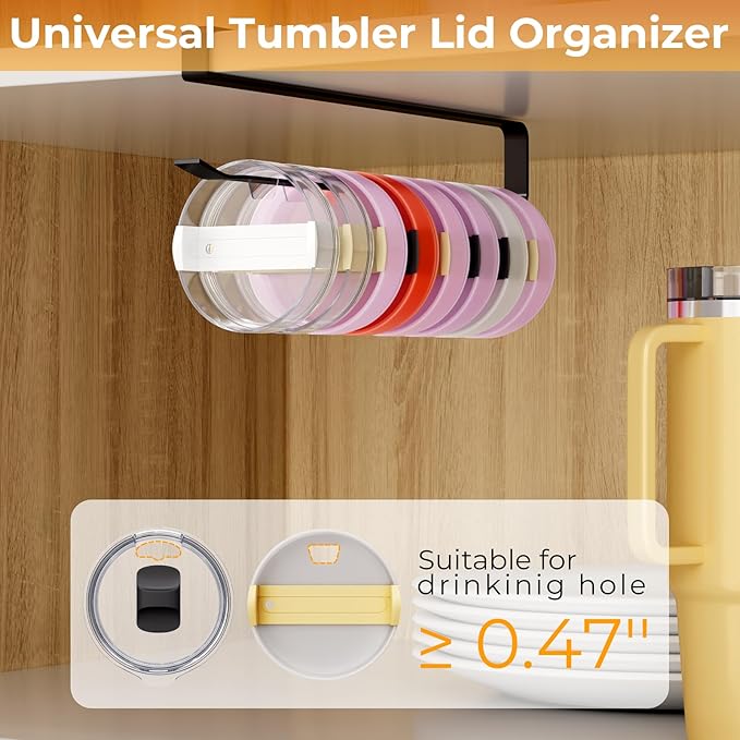 Quehun 2 PCS Tumbler Lid Organizers, Ample Lid Capacity Up to 30 Lids, No Adhesive No Drill Yeti Lid Organizer Holder Inside Cabinet, Space-Saving Stanley Tumbler Cup Lid Holder Organizer for Kitchen
