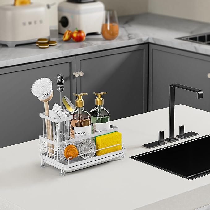 Sponge Holder for Kitchen Sink,Sink Caddy with Removable Brush Holder,Self-Draining Sponge Caddy for Sponge,Soap,Dish Brush,Scrubber,Kitchen Essentials and Gadgets