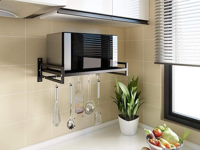 ABCOOL Wall Mount Microwave Oven Shelf Rack for Kitchen Home, Black Carbon Steel Counter Countertop Holder with Hook Rail and 3 Slidable Hooks
