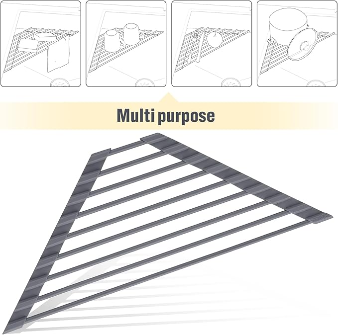 Tomorotec Corner Over the Sink Roll Up Drying Rack, Triangle Sink Dish Rack Mat, Silicone Wrapped Metal (Iron) Rods, Space Saving Dish Drainer, Heat Resistant Non Slip Trivet for Cookware（Deep Gray）