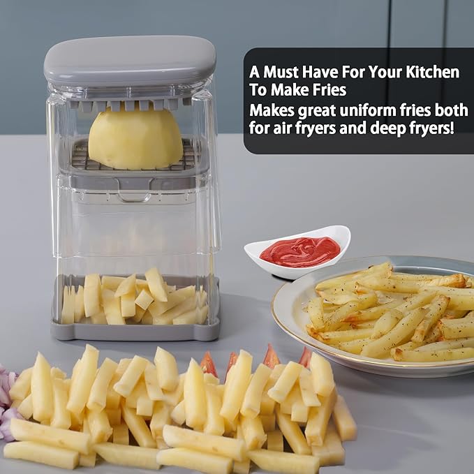 French Fry Cutter, Solucky Potato Onion Cutter, Professional Homestyle Vegetable Chopper Dicer, Great for Potatoes Carrots Cucumbers Zucchini Pepper (Fog Gray)