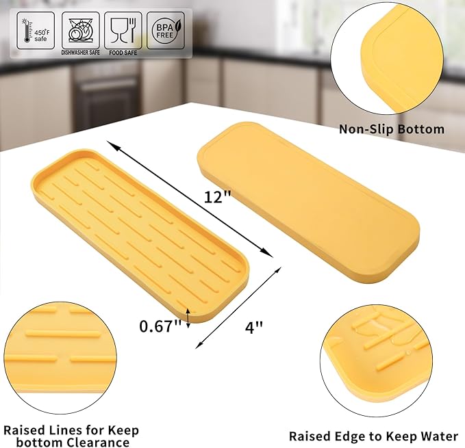 MicoYang Silicone Kitchen Sink Organizer Tray for Multiple Usage,Easy Clean,Eco-Friendly Sponges Holder for Kitchen Bathroom Counter or Sink,Dish Soap Dispenser,Scrubber,Bottle,Cup Yellow 12" x 4”