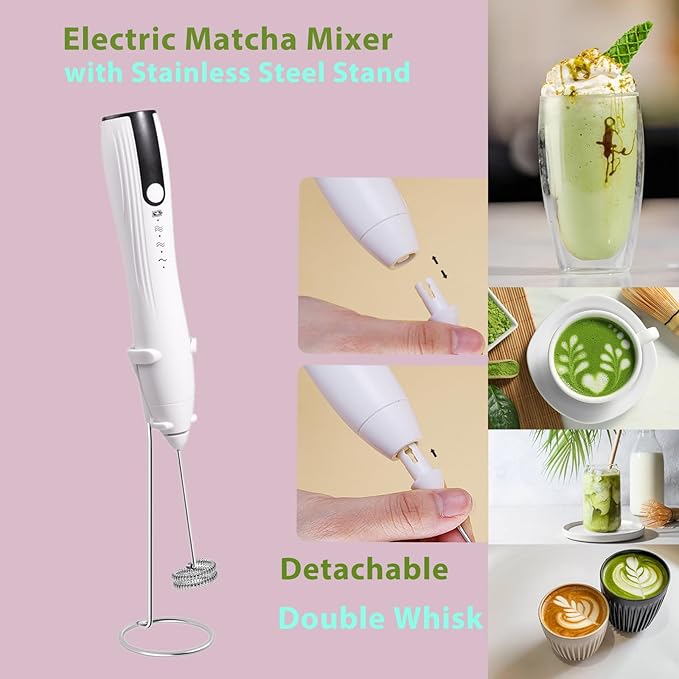 Rechargeable Milk Frother Handheld with Stand, Coffee Foam Frother Wand, Detachable Stainless Steel Whisk Drink Mixer for Coffee, Cappuccino, Lattes, Frappe, Matcha,Egg and Hot Chocolate, White