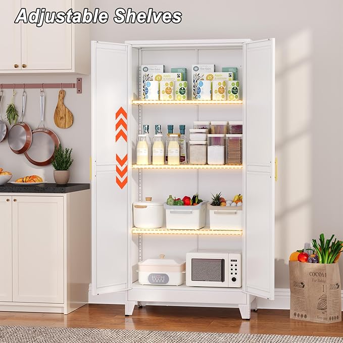 Winiowa Metal Pantry Cabinet with 2 Doors and Adjustable Shelves - 61" Kitchen Storage Cabinet with Gold Handles - Versatile Storage for Kitchen, Bathroom, Dining Room, Utility Room - White