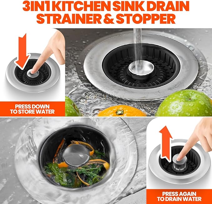3 in 1 Kitchen Sink Drain Strainer & Sink Stopper Upgraded Stainless Steel Drain Plug with Anti-Clog Basket Drain Stopper Combo, Pop Up Sink Stopper for Standard 3-1/2'',Black