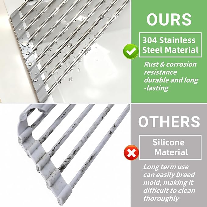 OYEWALLS Corner Sink Roll Up Triangular Dish Drying Rack, Small Multipurpose Stainless Steel Corner Shelf Over the Sink, Kitchen Drainer & Organizer for Space-Saving Storage