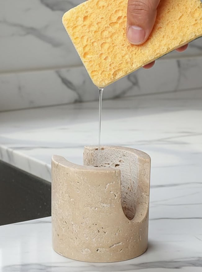 Natural Travertine Stone Sponge Holder, Compact Upright Sink Organizer for Kitchen & Bathroom Countertops, Porous Stone Design Supports Everyday Drying, Minimal Decor, Beige