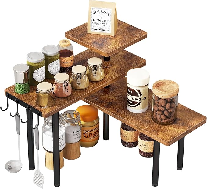 IBUYKE Kitchen Countertop Organizer,3-Tier Wooden Spice Racks,Bathroom Counter Organizer，Rotating Adjustable,4 Side Hooks,Corner Shelf for Kitchen,Coffee Bar, Cabinet, Desk,Rustic Brown,TLJ023H