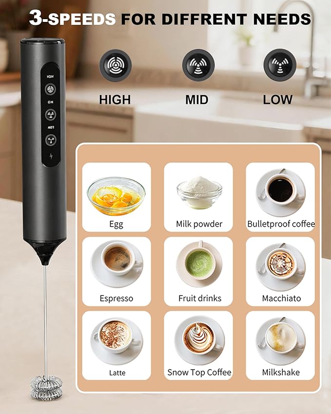3-Speed Rechargeable Milk Frother with Storage Box, Dual Coil Whisk Coffee Frother Handheld - Portable Hand Frother Wand for Coffee Matcha Cappuccino & Hot Chocolate, Kitchen Gift Set
