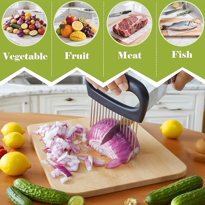 FANTEXY Onion Holder for Slicing - Onion Slicer and Meat Tenderizer Extra Large 16-Prong 304 Stainless Steel, Vegetable Chopper for Potatoes, Tomatoes Slicer Tool for Lemons,Avocados,Carrot