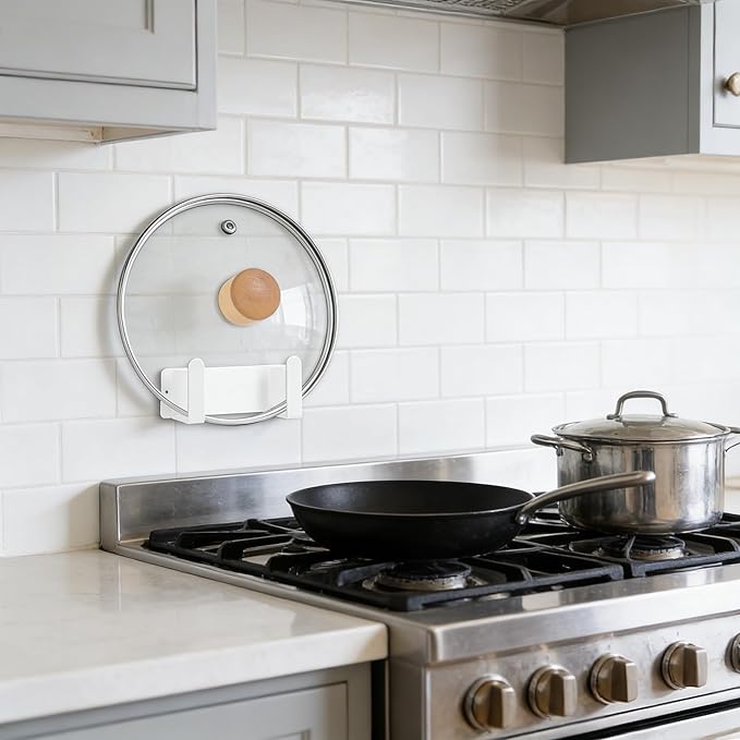 Stainless Steel Wall Mounted Cutting Board Holder Punch-Free Adhesive Multifunctional Kitchen Organizer Pot Lid Storage Rack 7" x 2.3" x 1.8" White