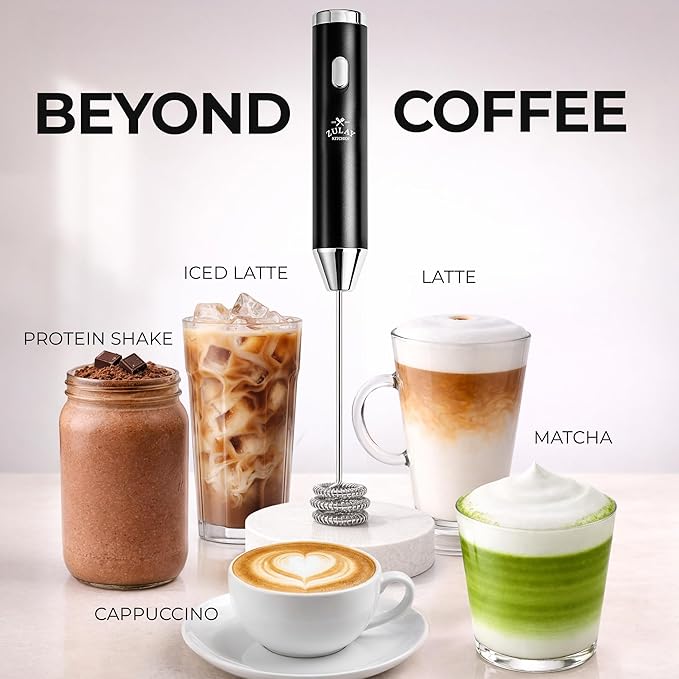 Zulay Kitchen Rechargeable Milk Frother Handheld - Frother Wand, Drink Mixer, Electric Whisk Frother, for Cappuccinos, Matcha & Protein Powder - Ultra Metal 3 Whisk, 1800mAh Black