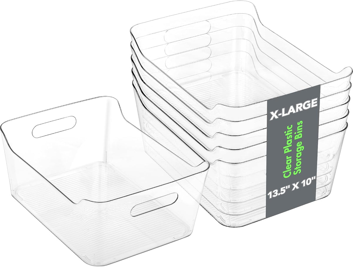 6 Pack Plastic Storage Bins, Extra Large Pantry Organizer, 13.5" x 10" Clear Storage Containers and Organizer Bins, Multi-Use Bins for Home, Kitchen, Closet and Cabinet