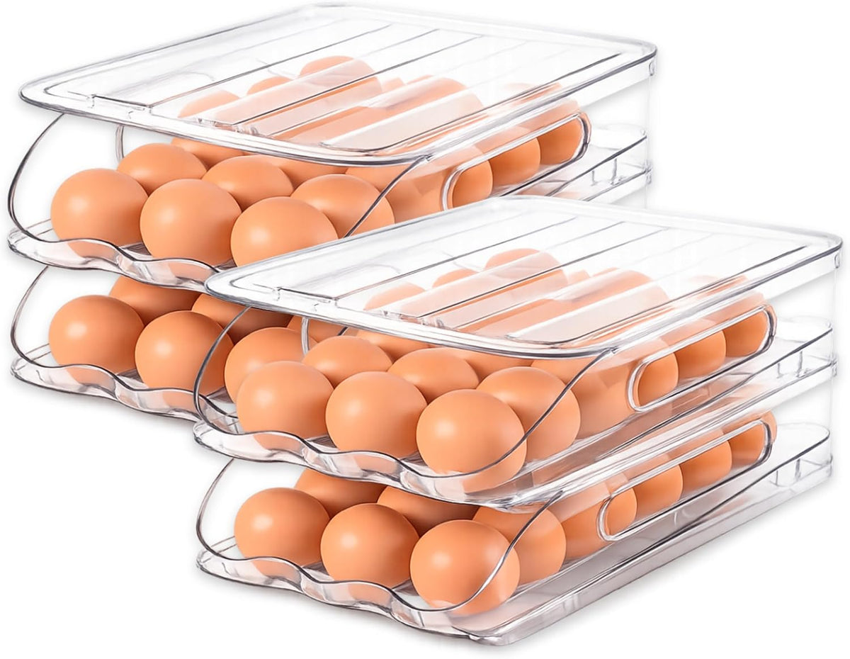 Auto Rolling Egg Holder for Fridge, 2-Tier Stackable Egg Dispenser Container with Lid, Clear BPA-Free Plastic Refrigerator Egg Storage Bin Tray, Space Saving Organizer for 36 Eggs - Pack of 2