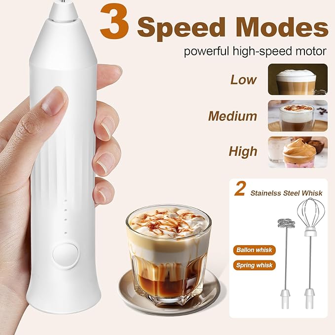 Rechargeable Milk Frother Handheld, Electric Frother Wand with 2 Stainless Stee Whisks & 3 Speeds,Drink Mixer Handheld for Coffee, Latte, Cappuccino, Matcha, Protein Shakes-White